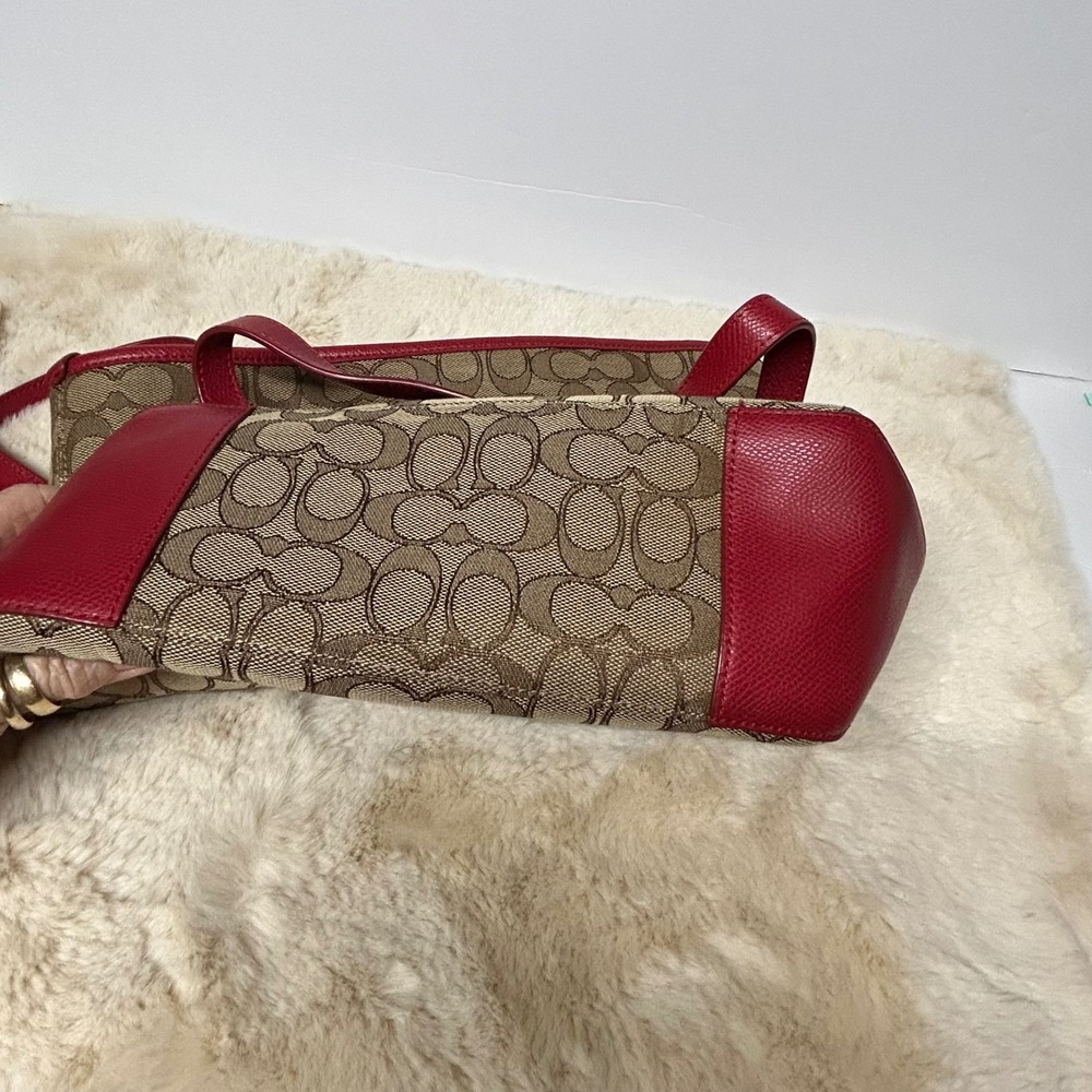Coach Signature Gallery Tote Khaki Red Leather Trim Canvas Shoulder Bag F55364 - Picture 12 of 15